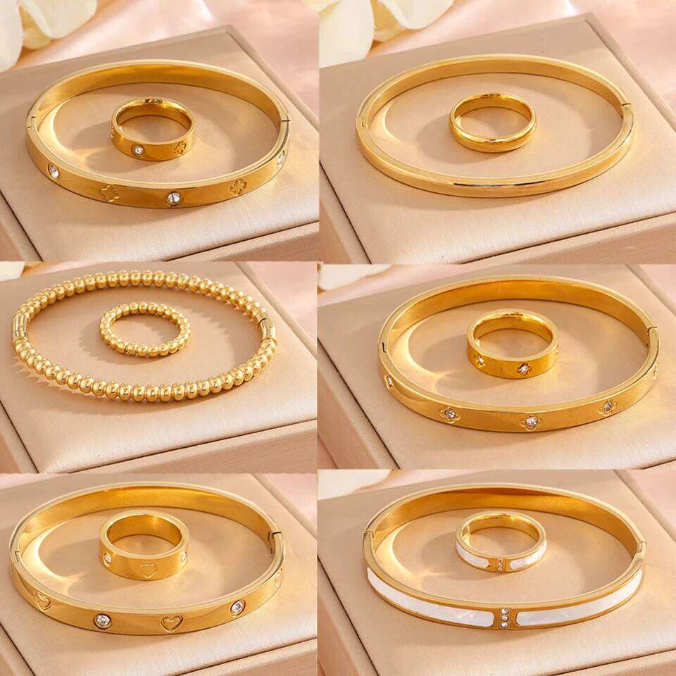 ZAKOL 6 Styles Available Golden Stainless Steel Ring Bracelet Set for Women Men Exquisite Couple Birthday Christmas Jewelry Gift
