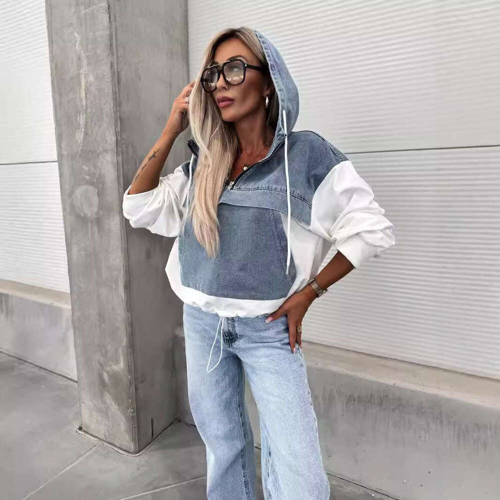 European and American Cross-Border Autumn New Fashion Loose Casual Washed Denim Patchwork Hooded Women's Sweatshirt