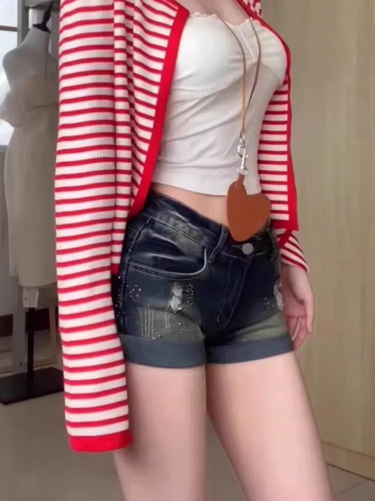 Tomboy Low-Waist Distressed Denim Shorts for Women. Summer Slim-Fit Skinny Micro Shorts, Sexy Bodycon Hot Pants.