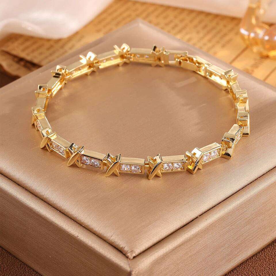 ZAKOL Three Gold Colors X Cross Design Zirconia Charm Bracelets for Women Exquisite Wedding Party Jewelry Gifts