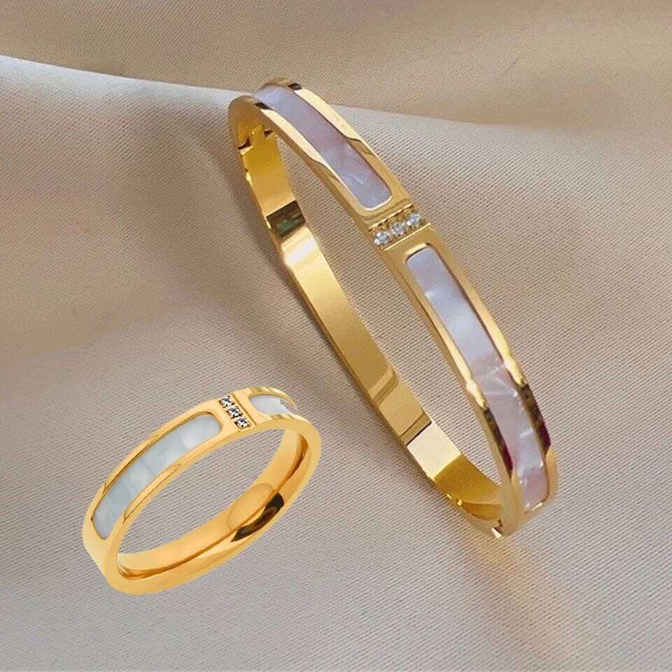 ZAKOL Classic Stainless Steel Fritillaria Bracelet Ring Set 18K Gold Color Shiny Zircon Daily Party Jewelry Accessories