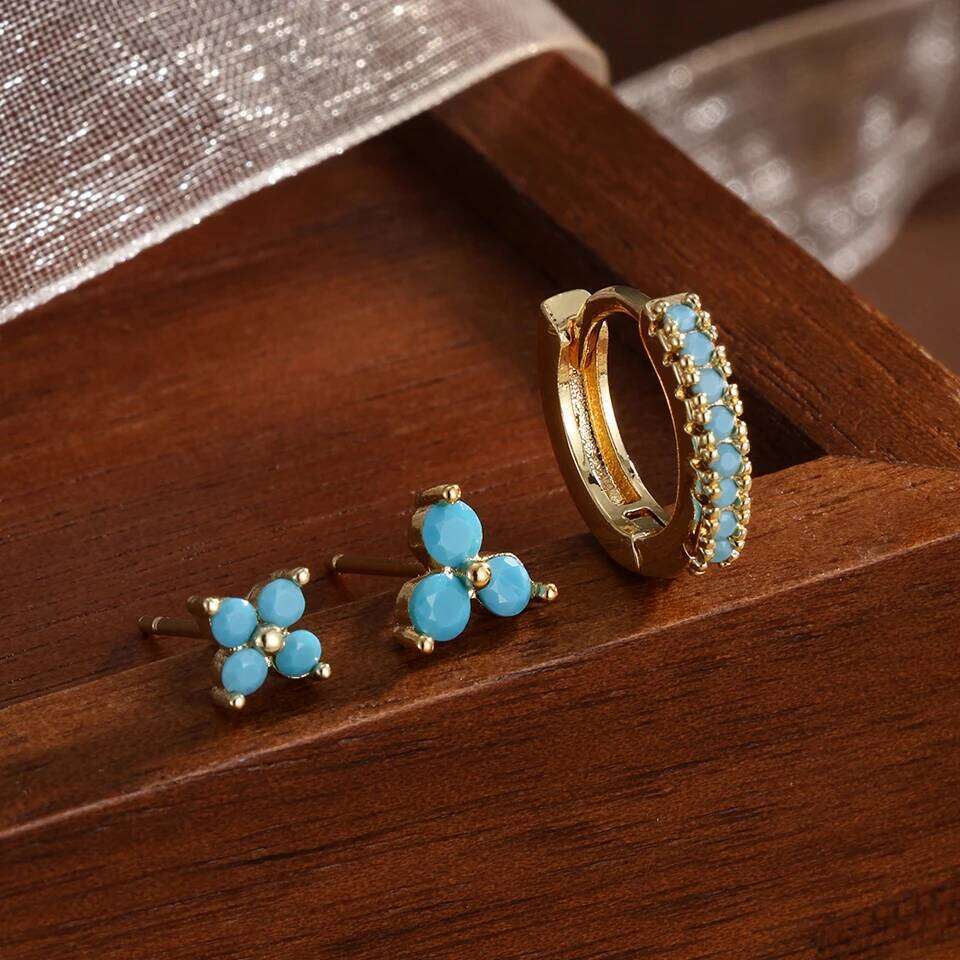 ZAKOL 6Pcs Fashion Blue Turquoise Series Hoop Earring Set for Women Girls Exquisite Shiny Zircon Jewelry Accessories Gift