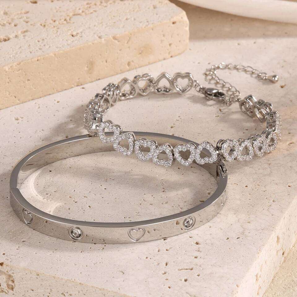 ZAKOL New Stainless Steel Stackable Bracelets Brilliant Zirconia Hollow Heart-shaped Charm Couple Bracelet Party Accessories