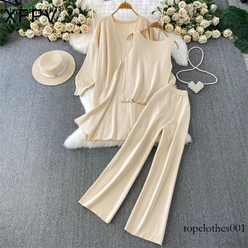 XFPV Casual Style Women 3 Piece Set Loose Mid-Length Sweater Cardigan Jacket Sleeveless Knit Vest + Wide-Leg Pants Winter New