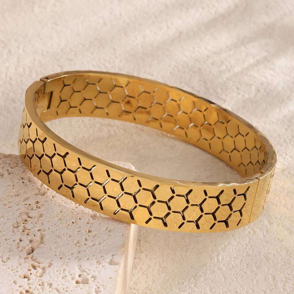 ZAKOL Geometric Hexagon Honeycomb Stainless Steel Bracelet for Women Fashion Waterproof Wide Bangle Party Jewelry