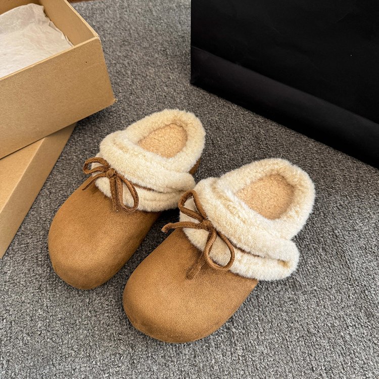 Hot new free shipping snow boots for womens flat slippers khaki brown Fashionable and versatile winter warm butterfly knot cotton shoes with added fle