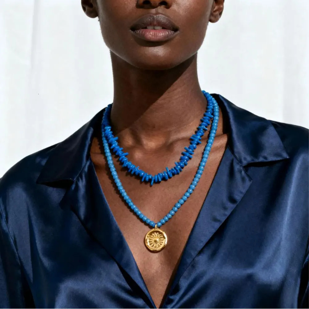 Summer Ethnic Blue Multilayer Coral Beads Necklace Cactus Pendant Retro Western Choker Beach Fashion Accessory Gift 251223