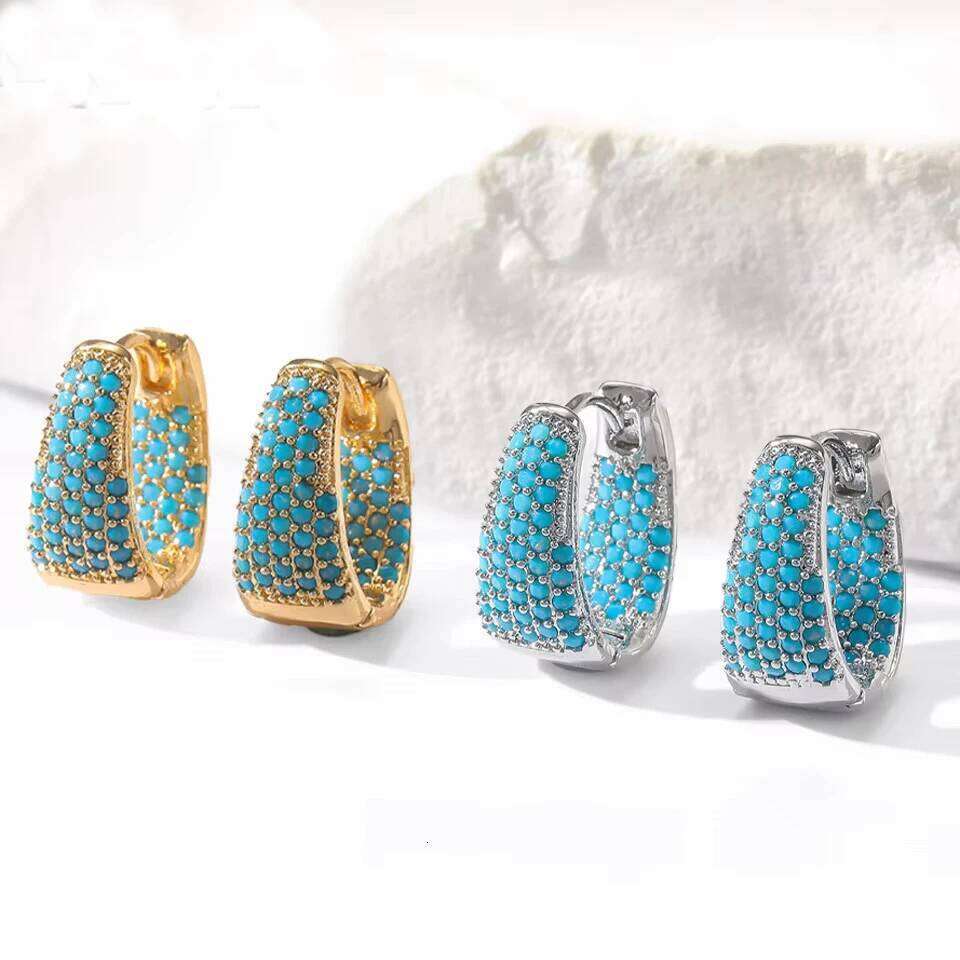 ZAKOL New Blue Turquoise Chunky U-shaped Hoop Earring for Women Flower Ear Accessories Fashion Cute Party Jewelry Gifts