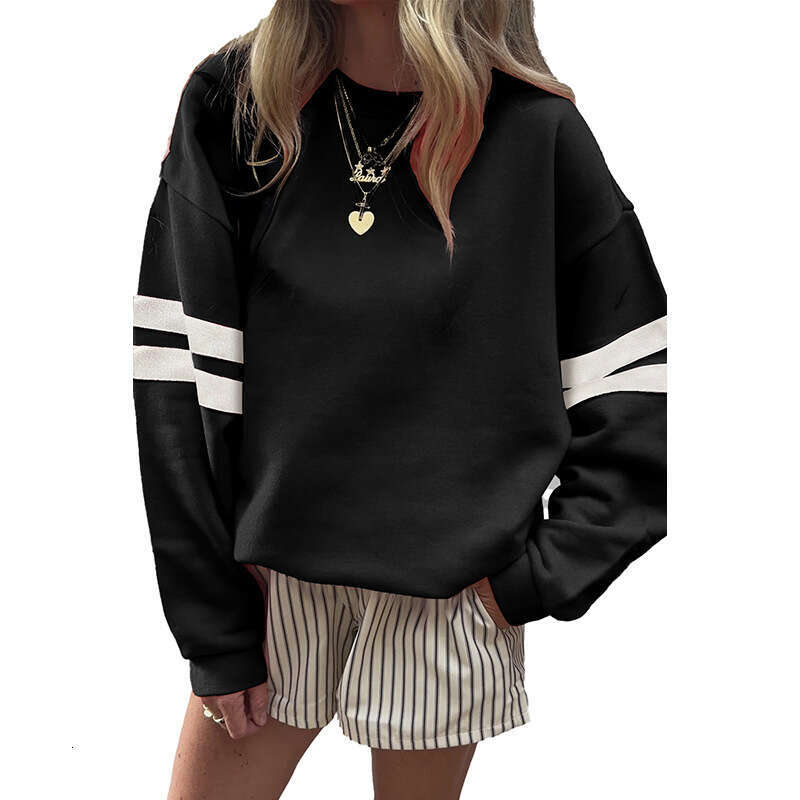 Autumn Winter New Loose Lazy Style Drop Shoulder Round Neck Sweatshirt for Women European American Fashion Striped Color Block Long Sleeve T-Shirt