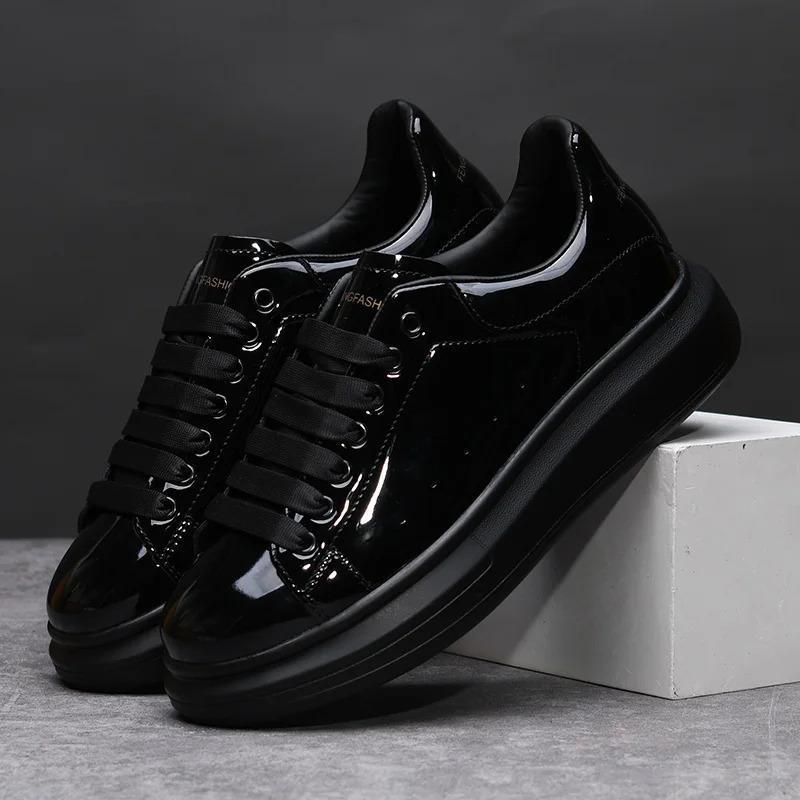 2026 Trendy Men's Shoes, Autumn New Glossy Black Casual Leather Shoes, Spring Fall Fashion Sneakers