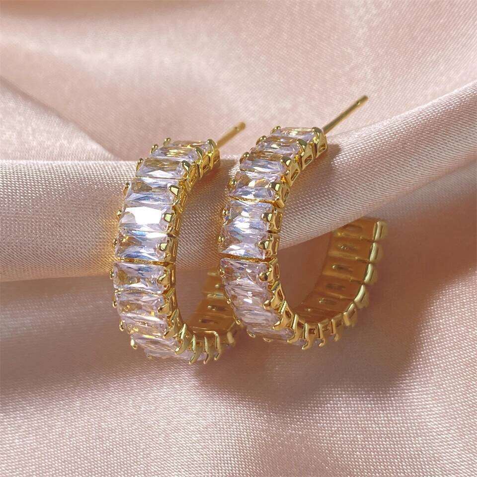 New Geometric Rectangle Zircon Anti Allergy Stud Earrings For Women Fashion Gold Color Circle Shape Party Jewelry