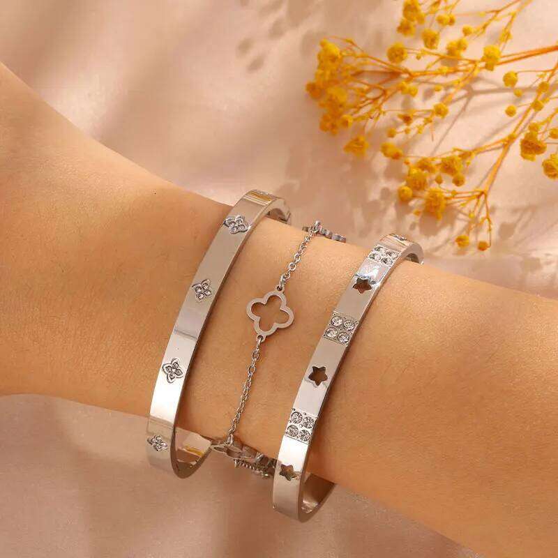 ZAKOL 3 Piece Hollow Lucky Clover Flower Bracelet Set for Women Fashion Stainless Steel Shiny Zircon Charm Party Jewelry Gift