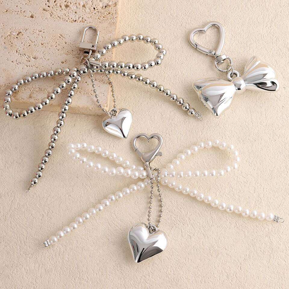 ZAKOL White Bowknot Heart Keychain Women Sweet Charm Pearl Bow Backpack Key Ring Handmade Jewelry Ornament Bags Pendants Gif