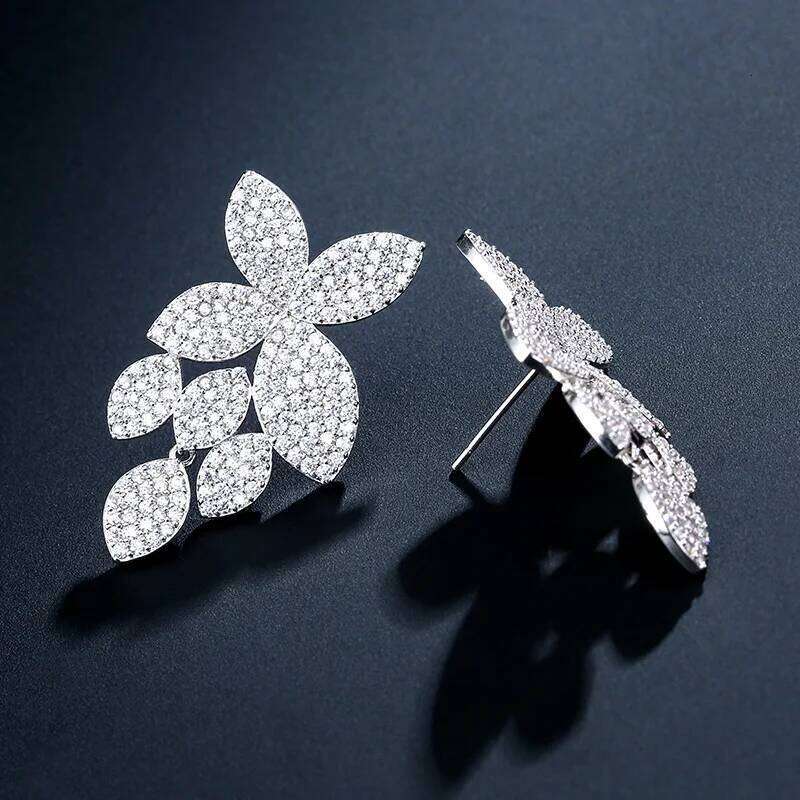 ZAKOL Luxury Micro Paved Zirconia Leaf Plant Long Dangle Earring for Women Full Dazzling Zircon Wedding Party Trendy Jewelry