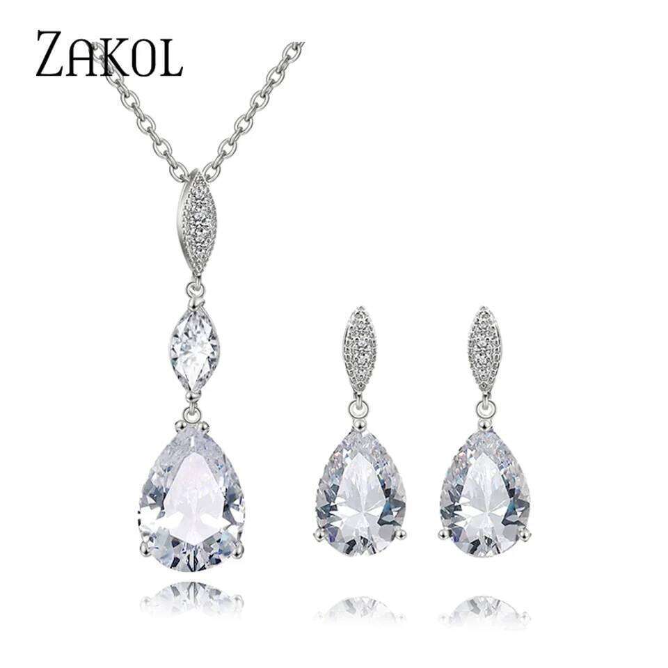 ZAKOL 2 Pcs Water Drop Zircon Earrings Necklace Wedding for Women Shining Crystal CZ Party Jewelry Set