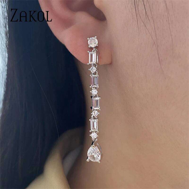 ZAKOL Luxury Geometric Water Drop Crystal Long Dangle Earrings for Women Delicate Shiny Zircon Bridal Wedding Jewelry