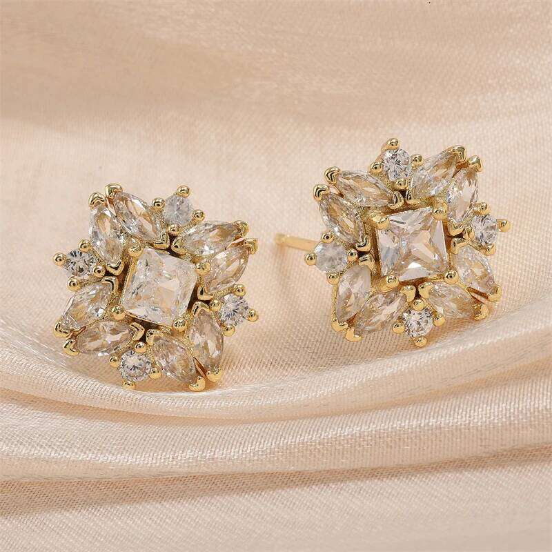 ZAKOL Luxury Flower Square Zirconia Stud Earrings For Women Girls Gold Color Metal Crystal Ears Jewelry Wedding Festival