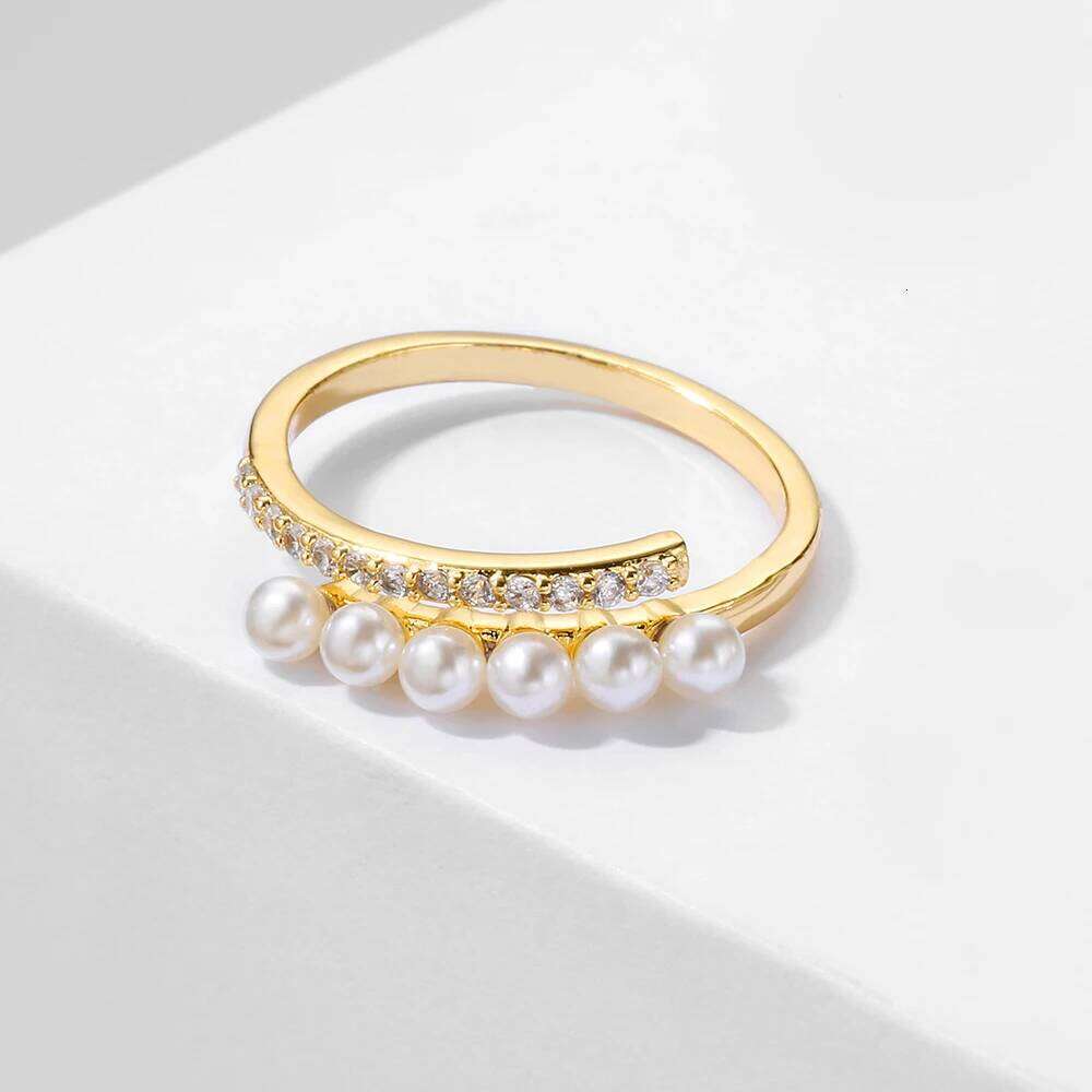 ZAKOL Korean Fashion Gold Color Round Small Pearl Open Ring Shiny Zircon Minimalist Women Daily Accessories