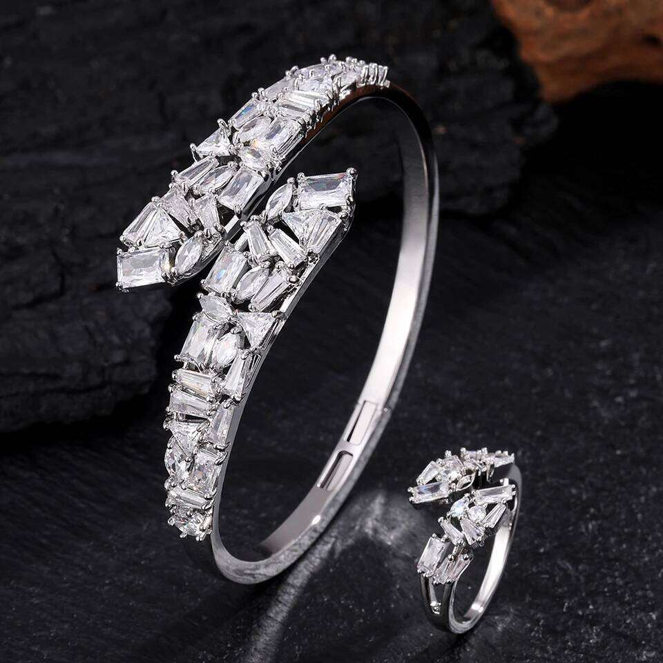 ZAKOL 9 Styles Slivery Open Bracelet Ring Set Luxury Shiny Zircon Middle East Trendy Jewelry for Women Gift