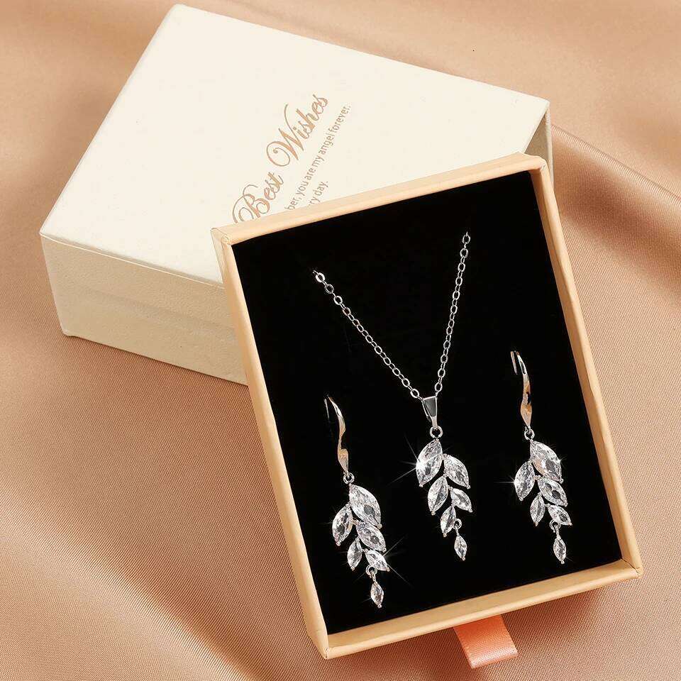 ZAKOL Classic AAA Zircon Leaf Earring Necklace Box 3 Pcs Sets for Women Luxury Birthday Jewelry Set Gift