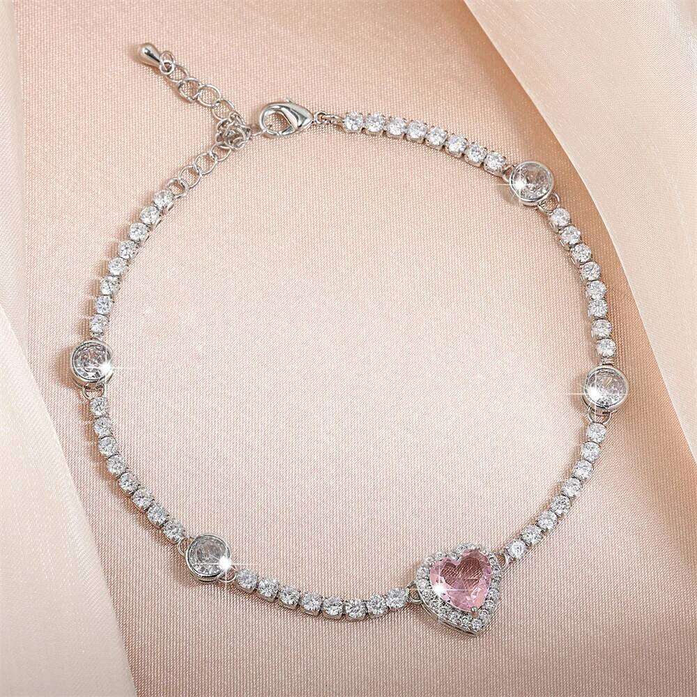 ZAKOL Fashion Pink Heart Shaped Zirconia Charm Bracelet for Women Exquisite Sweet Engagement Birthday Jewelry Gift