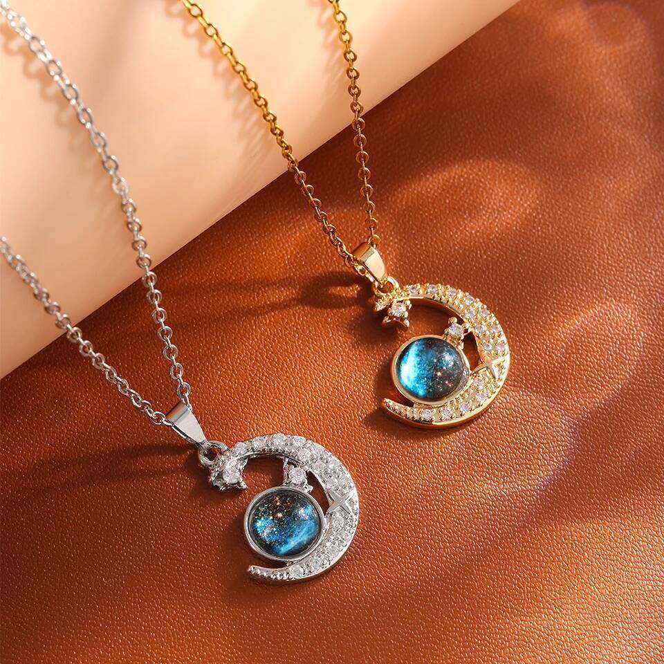 ZAKOL 2Pcs/Set Planet Universe Moon Series CZ Pendant Necklace Sliver Gold Color Titanium Steel Chain Choker Jewelry Gift