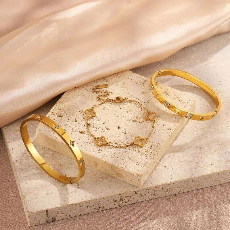 ZAKOL 3 Piece Hollow Lucky Clover Flower Bracelet Set for Women Fashion Stainless Steel Shiny Zircon Charm Party Jewelry Gift