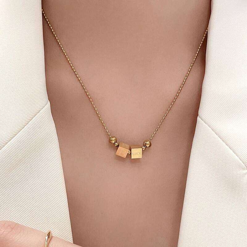 Stainless steel Gold Color Bead Letter Block Pendant Necklace For Women's Sexy Collarbone Chain Trendy Jewelry Accessories