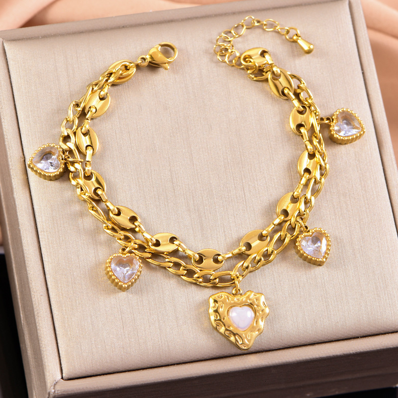 Luxury Brand Designer Jewelry Neutral Style Titanium Steel Bracelet With Bowknot, Star And Moon, Heart, Inlaid With Diamonds, Double Layer Stacked Pig