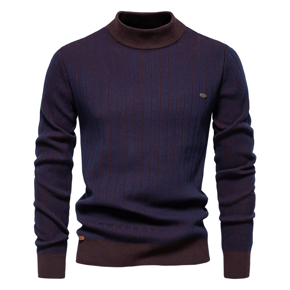 WOZK autumn and winter new semi high neck slim striped top fashionable high-quality men's pullover sweater warm designer