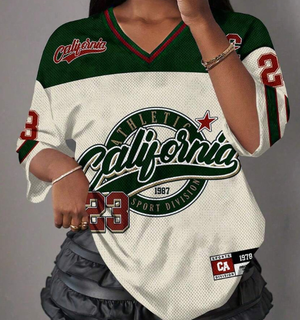 2026 European & American Sporty Style Tomboy American Vintage Jersey. Loose Fit, Streetwear, V-neck Short Sleeve T-shirt Top.