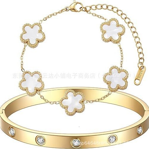 Luxury Brand Designer Jewelry Hot Sale Titanium Steel Five-Leaf Flower Bracelet Oval Inlaid Diamond Bangle 18K Gold High-Grade Non-Fading Bracelet Who