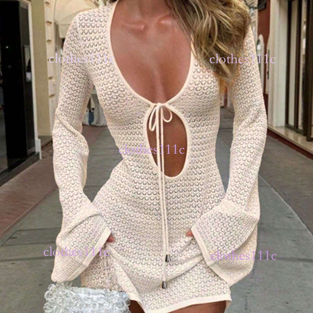 European And American Beach Dress Sexy Hollow Out See-Through Knitted Long Sleeve Bikini Swimsuit Cover-Up Sun Protection Clothing For Women Luanyun