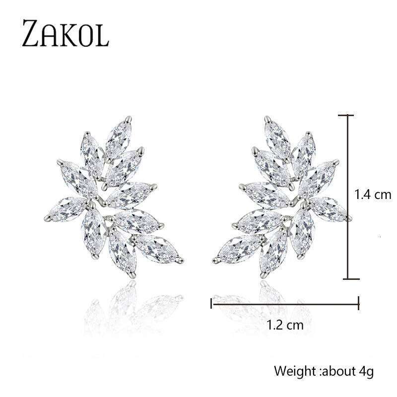 ZAKOL Fashion Sliver Color Leaf Cubic Zircon Stud Earrings for Women Shinny Crystal Flower Earring Jewelry