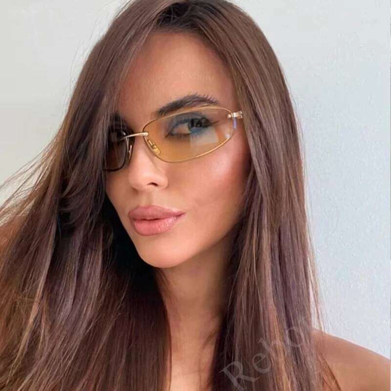 Gradient Oval Frameless Women's Sunglasses High Quality Luxury Brand Y2k Rimless Glasses Women High-End Punk Popular Shades UV