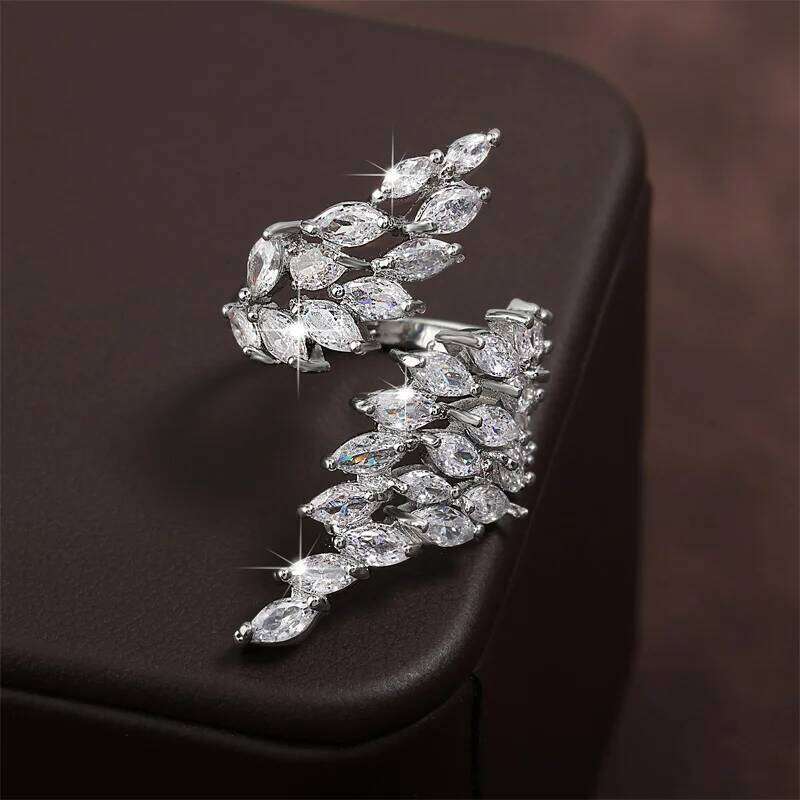 ZAKOL Buling AAA Marquise Zircon Feather Shape Open Ring Wedding Rings for Women Silver Color Drop Shipping Jewelry
