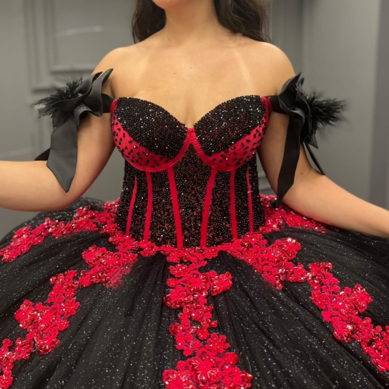 Black Shiny Quinceanera Dresses Ball Gown Off The Shoulder Red Applique Lace Beading Crystal Corset Party Birthday Sweet 16 Dres Vestidos 15 Anos
