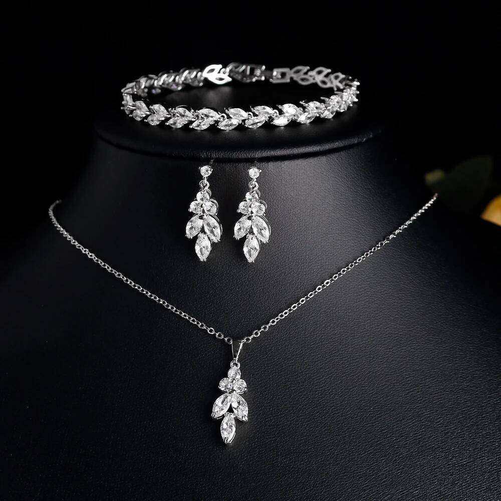 ZAKOL 3Pcs/Set Luxury Zirconia Leaf Bridal Wedding Jewelry Set Buling Clear Crystal Earring&Necklace&Bracelet Party Accessories