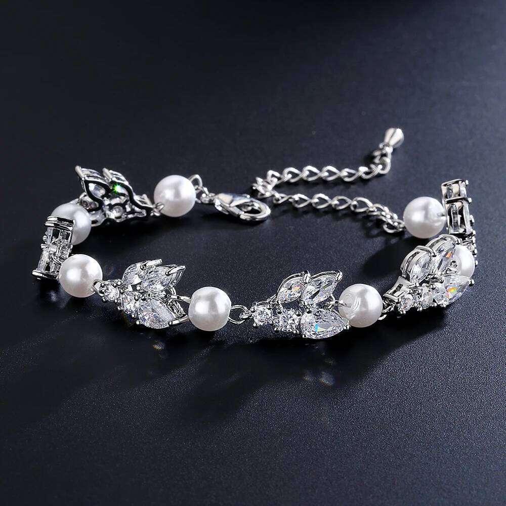 ZAKOL Luxury Shiny AAA Cubic Zirconia Imitation Pearl Charm Bracelet for Women Elegant Wedding Jewelry Gift