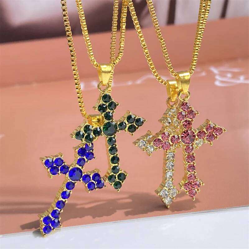 Personalized Fashion Multicolor Crystal Zirconia Cross Pendant Necklace Gold Color Chain Necklaces Unisex Party Jewelry