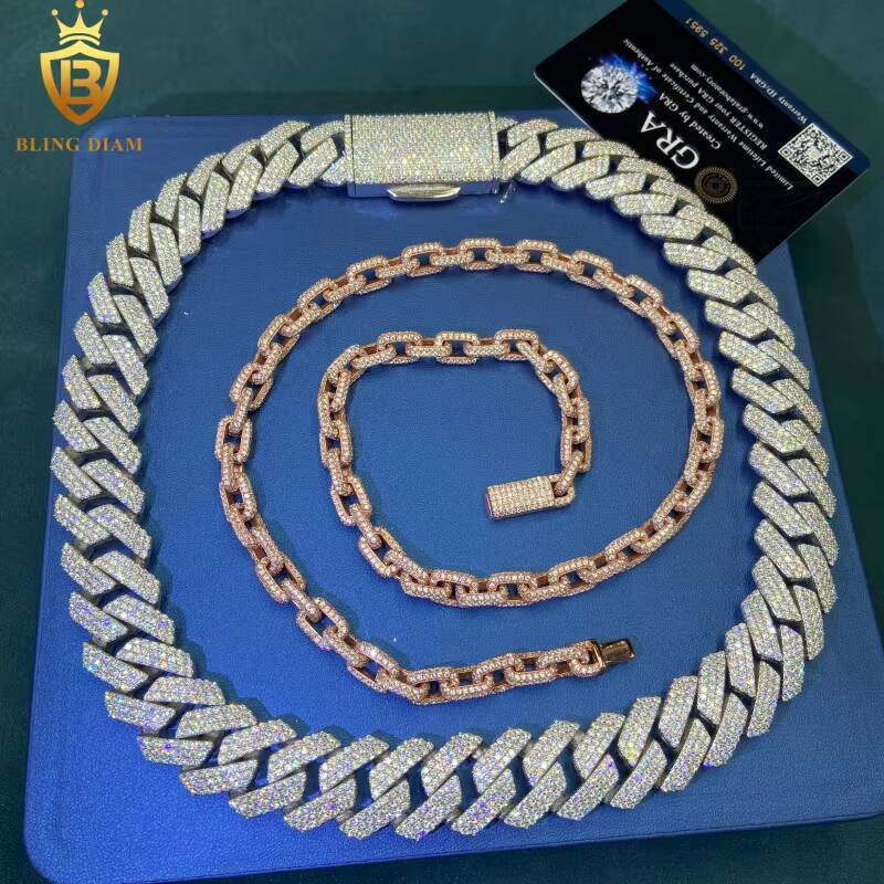 Hot Sale Iced Out Moissanite Cuban Link Chain HipHop Style 20mm 925 Silver Moissanite Cuban Chain Pass Diamond Tester GRA