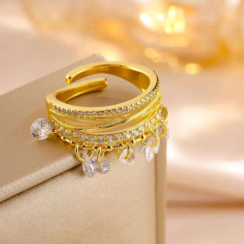 ZAKOL Fashion Multi Layers Water Drop Zircon Tassel Statement Rings For Women Exquisite Adjustable Open Ring Gift