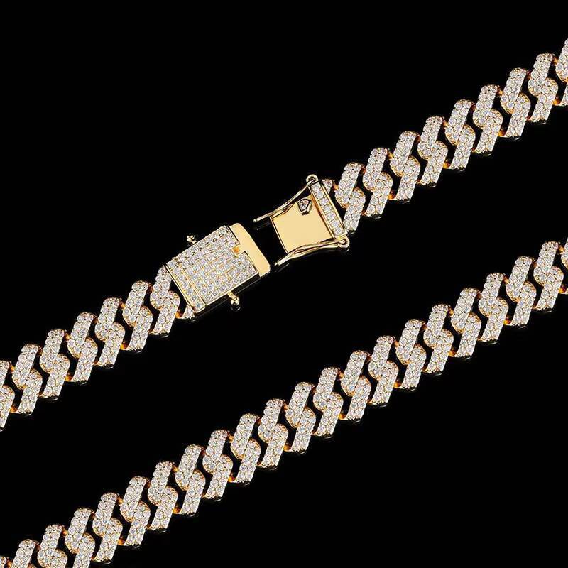 Hip Hop Mens 12mm Gold Prong Cubic D color vvs moissaniteia Claw Setting Fine Jewelry Iced Out Cuban Link Chain Necklace for Gifts