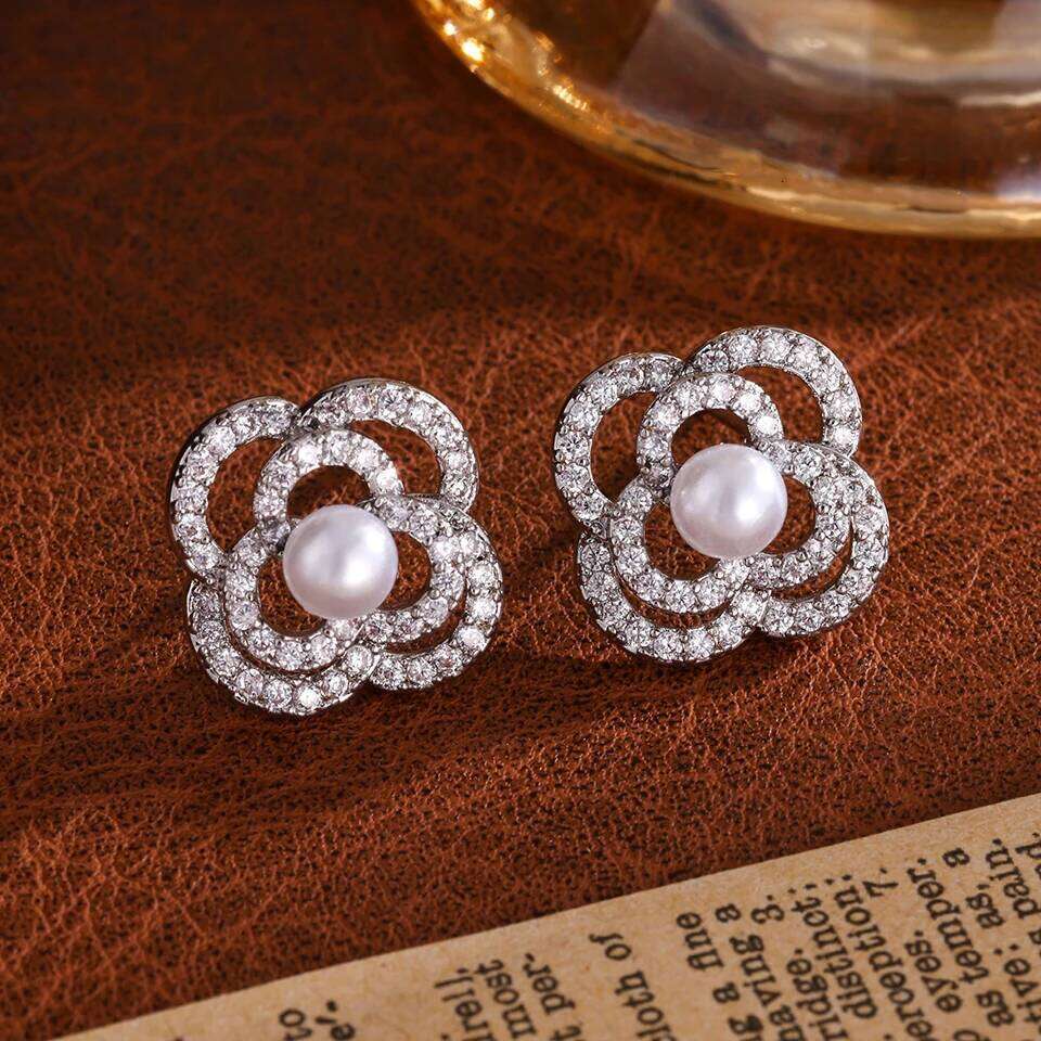 ZAKOL New Korean Fashion Buling CZ Round Pearl Stud Earring for Women Exquisite Camellia Flower Earrings Wedding Party Jewelry