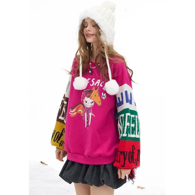 ELFSACK 2025 Winter New Arrivals Y2K Loose Graphic Contrast Patchwork Sleeve Round Neck Sweatshirt For Women