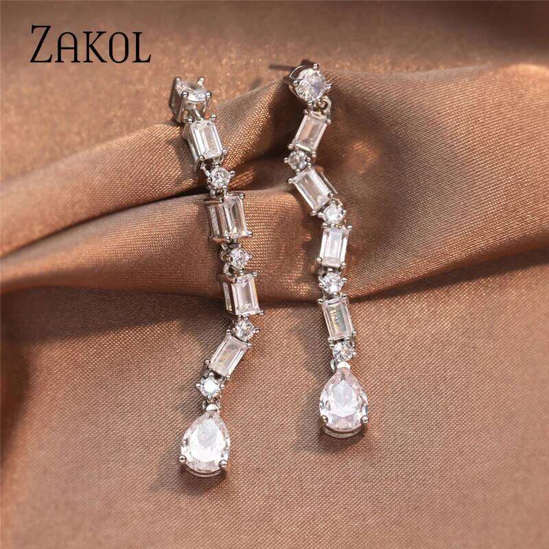 ZAKOL Luxury Geometric Water Drop Crystal Long Dangle Earrings for Women Delicate Shiny Zircon Bridal Wedding Jewelry