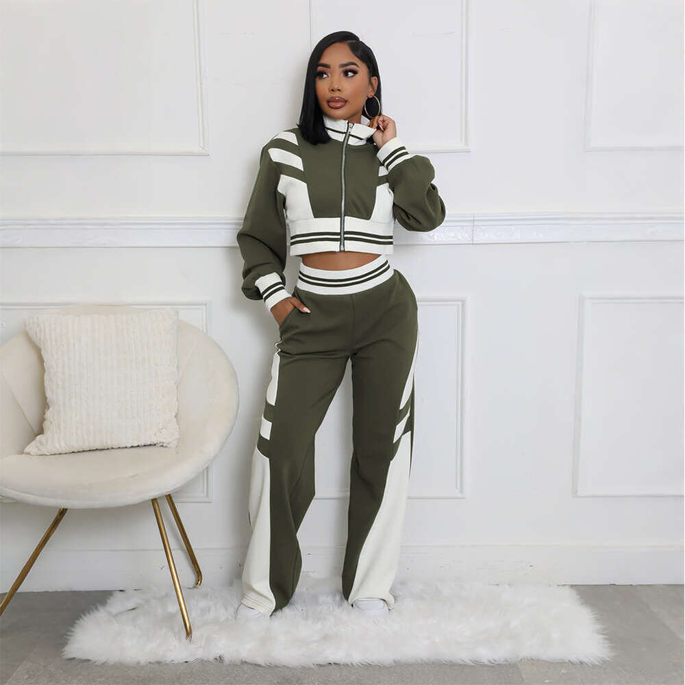 European and American Cross-Border Women's Fashion Autumn Winter New High Collar Zipper Top Two-Piece Set Color Block Long Pants Suit for Women