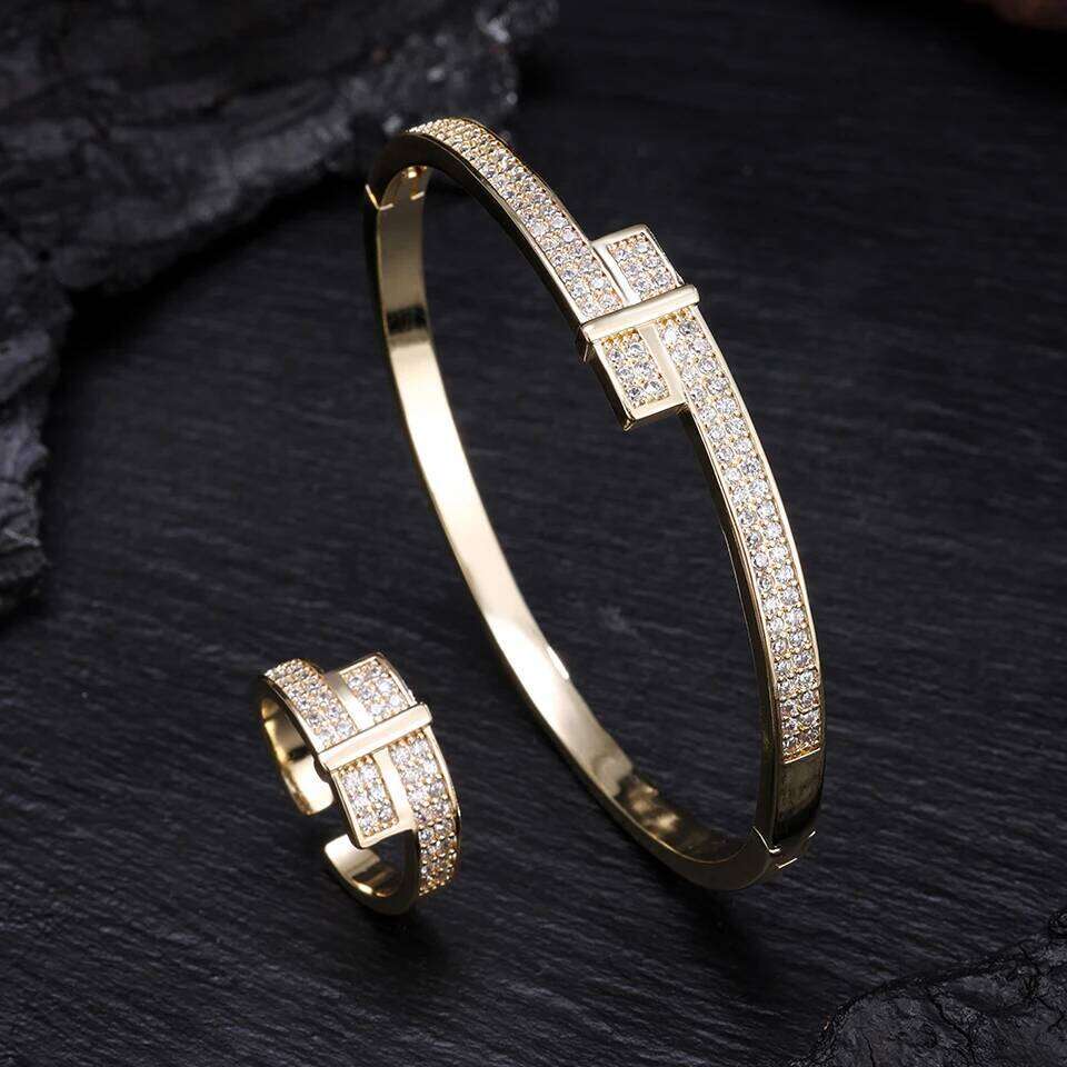 ZAKOL Slivery/Golden 18K Gold Plated AAA Zircon Bracelet Rings for Women H Head Niche Design Luxury Party Jewelry