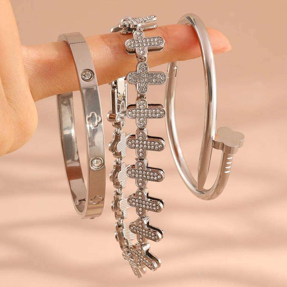 ZAKOL New Creative Stainless Steel Four-leaf Flower Set for Women Buling Rhinestone Hip-hop Bracelet Jewelry Gift