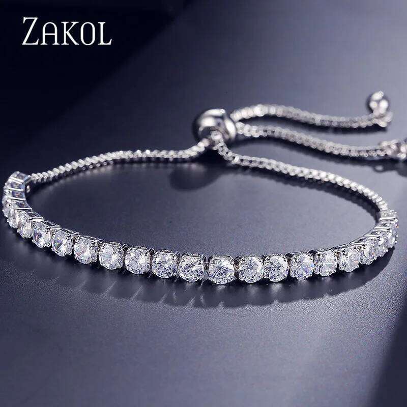 ZAKOL Fashion Cubic Zirconia Tennis Bracelets Bangle for Women White Round Crystal Adjustable Bracelet Wedding Jewelry